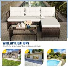 Vongrasig 3 Piece Patio Furniture Sets, All-Weather PE Wicker Outdoor Sofa Couch Sectional Set, Small Conversation Set For Garden/Patio W/Cushion, Glass Table - 白色 - 查看 8
