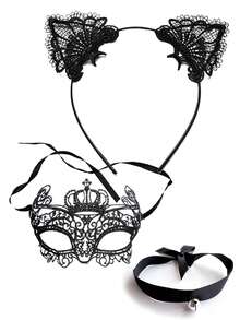 D EXCEED 2/3/4/5 pièces Ensemble de serre-tête à oreilles de chat en dentelle, masque pour les yeux et collier à clochette pour femmes - pour le cosplay d'anime, les fêtes d'Halloween - Multicolore - Voir 15