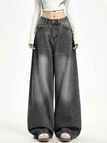 女式 Y2K 高腰阔腿牛仔裤 - 灰色棉混纺基本款百搭修身休闲裤，适合秋冬日常穿着 - 灰色 - 查看 2