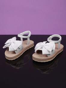 1 Pair Plus Size White Flat Sandals For Toddler Girls, Solid Color PU Adjustable Buckle Bow Decor, Open Toe Comfortable Cute Roman Sandals Suitable For 3-15 Years Old Students Daily, Casual, Travel, Summer - trắng - Xem 8