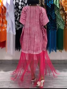 Elegant Pink Stripe Kaftan Dress For Women V Neck Maxi Dress With Fringe Hem And Loose Fit - 彩色 - 查看 5