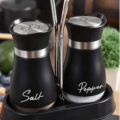 2件套银/黑色盐和胡椒瓶套装，调味瓶，玻璃香料罐，厨房调料架，盐罐，可爱户外野餐烧烤调味瓶，厨房配件，厨房糖罐，盐和胡椒套装，厨房装饰
