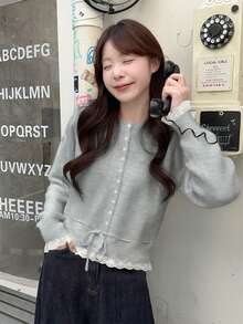 女士甜美蕾丝拼布抽绳针织开衫，圆领长袖毛衣，秋冬