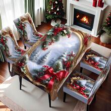 1/4/5/6/7/36pcs Winter Pine Tree & Holly Berry Print Chair Cover/Seat Cushion Set, Suitable For Indoor Home, Restaurant, Hotel, Ideal Choice For Modern Daily Decor. Tablecloth Fits Square Dining Table, Elastic Chair Covers Are Washable.