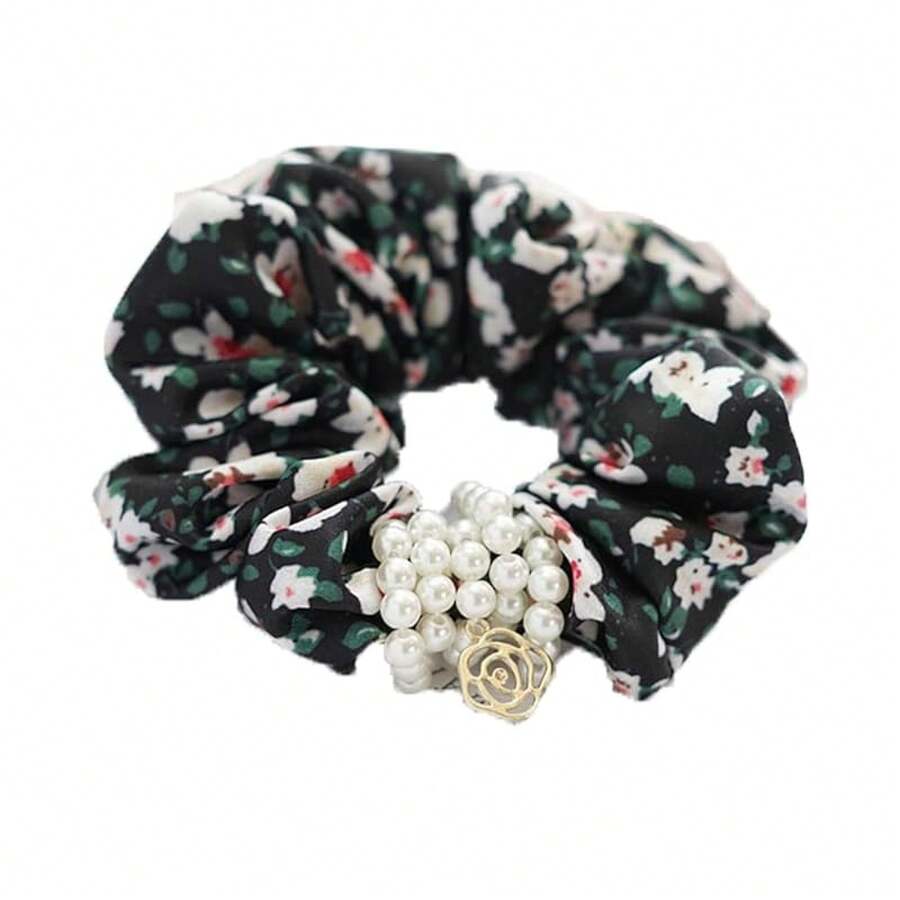 Korean Style Pearl Scrunchies - Fashion Floral Fabric Hair Ties Women - Korean Flower Accessoriesvalentine's Day RFC0 - 10-黑色花卉 - 查看 1