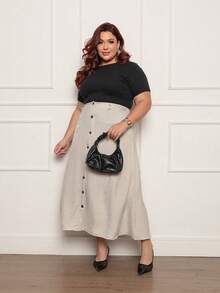 Solid Color Pleated Midi Skirt, Holiday Style, With Button Embellishments And Side Slit, Black Skirt, Plus Size G1 G2 G3 48 50 G2 - Beige - View 1