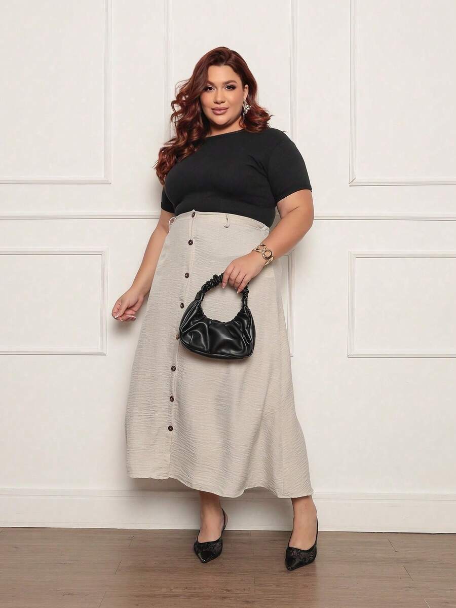 Solid Color Pleated Midi Skirt, Holiday Style, With Button Embellishments And Side Slit, Black Skirt, Plus Size G1 G2 G3 48 50 G2 - Beige - View 1