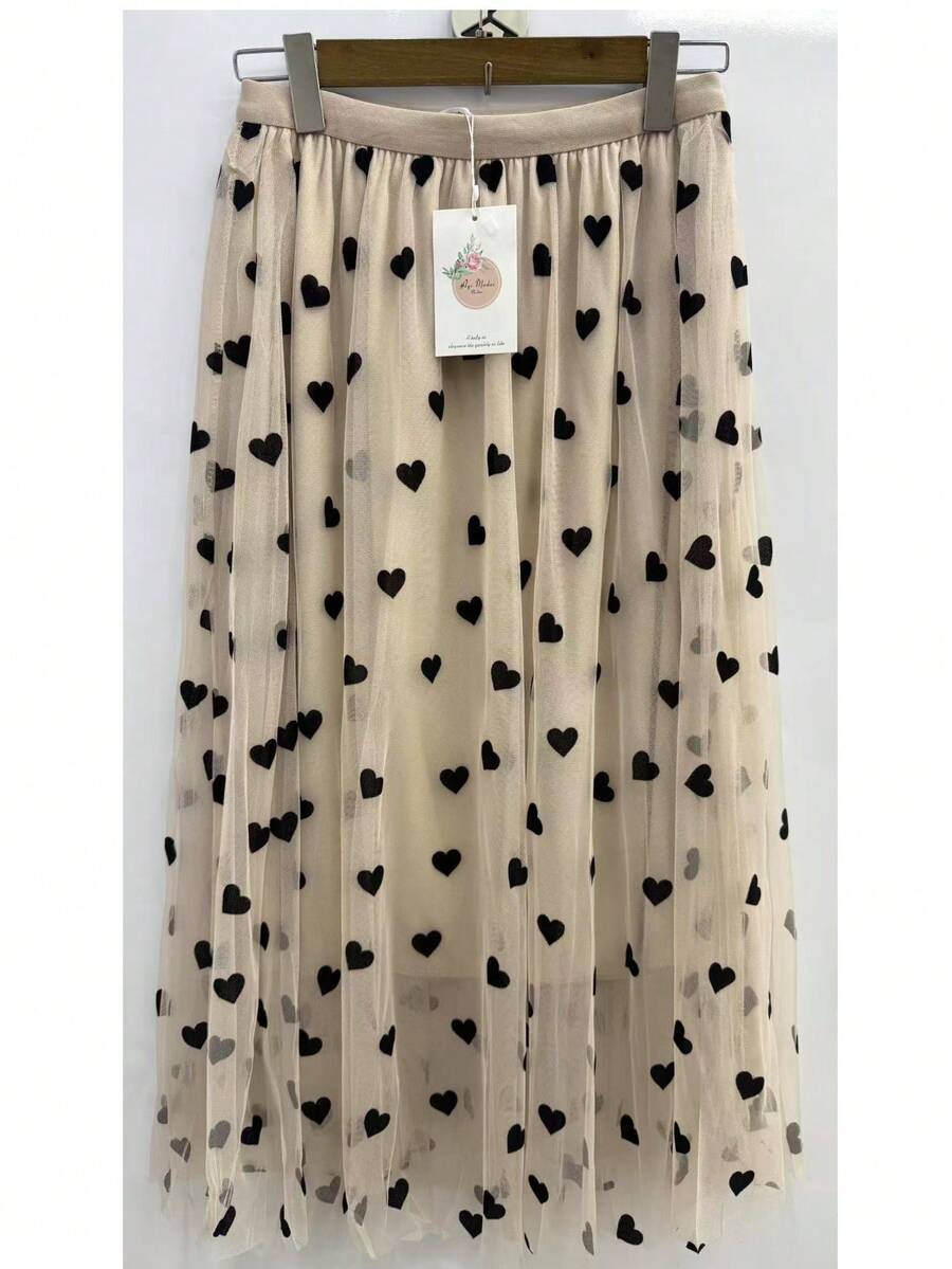 Women's Tulle Skirt With Heart Print – Romantic And Delicate Look - 淺米色 - 查看 1