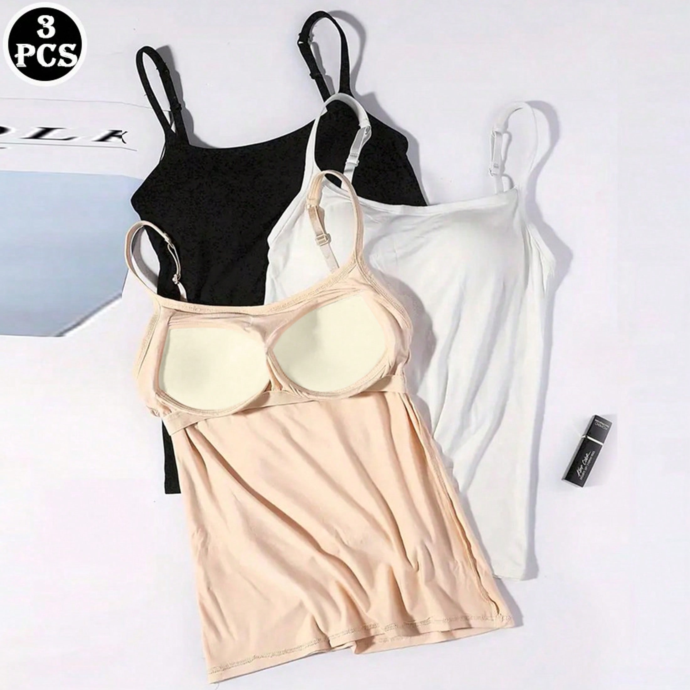 Set de 3 camisetas de tirantes básicas con almohadillas para el pecho para mujer, para hacer ejercicio