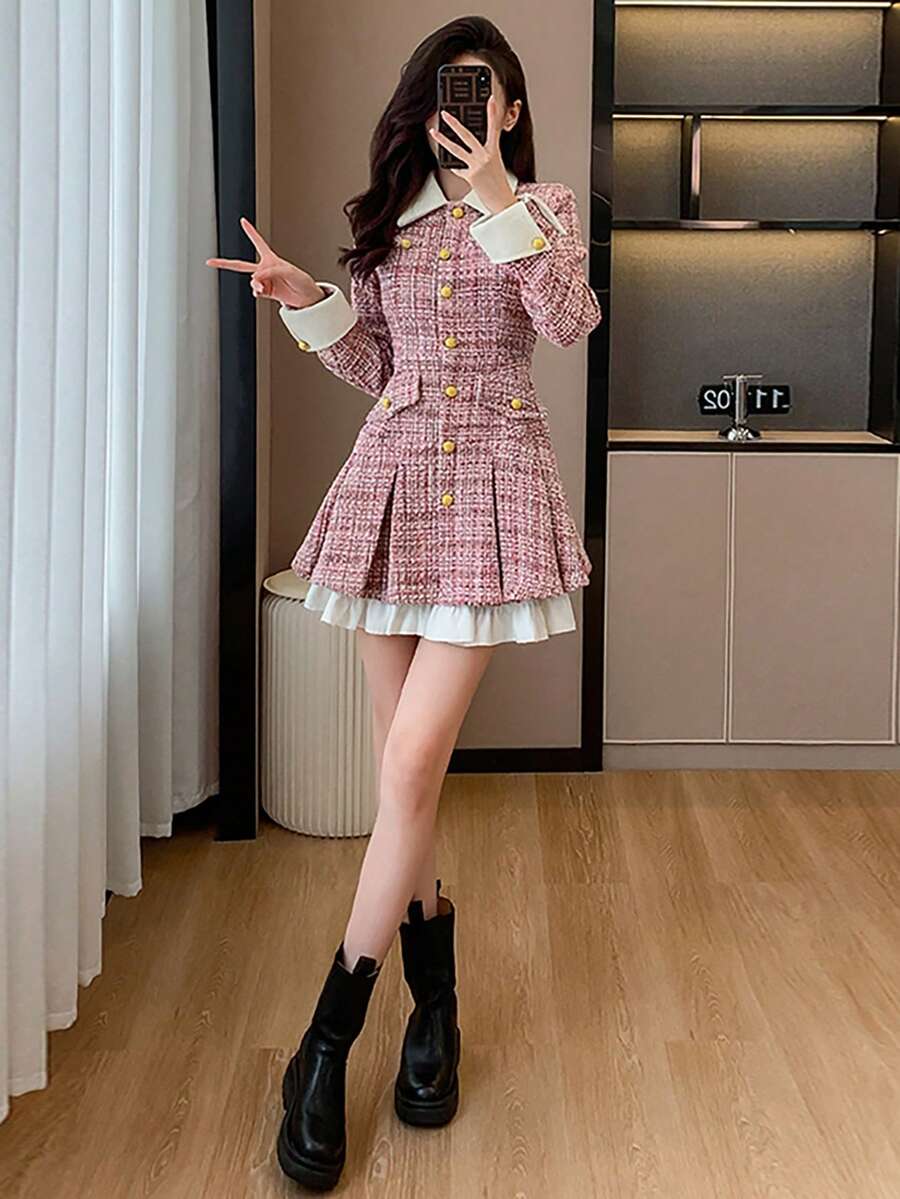 RUIWY 女士秋冬加厚二合一收腰迷人褶皱纽扣中长连衣裙，甜美时尚 - 粉色 - 查看 1