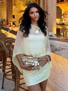 Women Sheer Mesh Poncho Top Crochet Knit Lightweight See Through Shawl Wrap Summer Oversized Loose Shrug Beachwear Swimsuit Bikini Cover Ups - 白色 - 查看 3