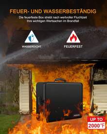 Dokumententasche Dokumentenbox, Feuerfeste Dokumentenmappemit Schloss, Ordner (Sichere Aufbewahrungslösung aus hitzebeständigem Fiberglas (bis 2000°F), 1-tlg., Mit mit 7 Fächern, Passwortschloss, wasserdicht & tragbar), 36 x 10 x 26,9 cm, für Dokumente, Karten, USB u.v.m. - Schwarz - Übersicht 3