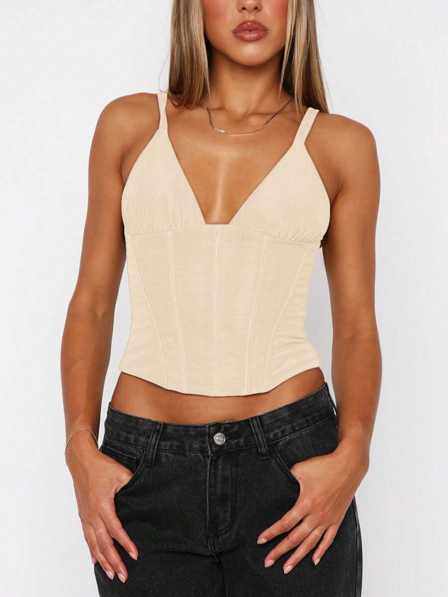 女士时尚性感纯色修身V领吊带背心，露脐短款设计，适合派对、街头、度假和日常穿着，春夏款 - 杏色 - 查看 1