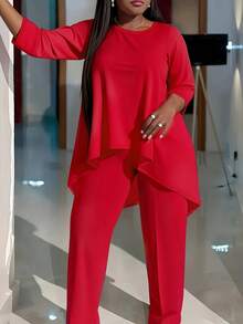 Plus Size Women's Fashionable Two-Piece Suit, Short Top In Front And Long Back Solid Color Trousers Suit, Casual Two-Piece Suit - 紅色 - 查看 1