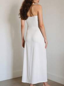 Elegant White Halter V-Neck Maxi Dress - Draped Waist And Deep V Neckline, Women's Formal Bridal Guest Gown For Black Tie Galas And Summer Evening Soirées - trắng - Xem 4