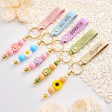 Personalized Keychain, Daisy Beaded Keychain, Faux Leather Keychain, Flower Girl Gift, Teacher Gift, Birthday Gift, Beaded Keychain, Personalized Keychain, Faux Leather Keychain, Personalized Gift, Mother's Day Gift, Teacher Gift, Birthday Gift, Laser Engraved Gift, Girl Gift, Friendship Gift, Engraved Keychain, Beaded Keychain, Daisy Keychain, Flower Girl Gift, Fashion Accessory, Autumn, Boyfriend, Girlfriend, Family, Friend - Multicolor - View 5