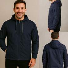 Men's Lightweight Plain Water-Repellent Windbreaker Jacket With Hood - Dark Blue+Plain+P - View 2