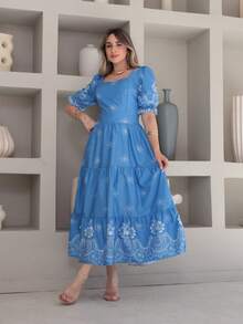 Vitoria Midi Dress With Crepe Print, Stretch On The Back, Short Sleeves - Màu xanh nhạt - Xem 4