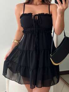 Short Chiffon Ruffle Dress Holiday Beach Wedding Party Birthday Party Garden Travel Summer - Black - View 1