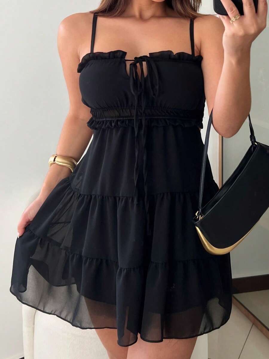 Short Chiffon Ruffle Dress Holiday Beach Wedding Party Birthday Party Garden Travel Summer - Black - View 1