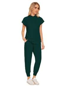 Bộ đồ phẫu thuật thời trang bán sỉ, đồng phục bệnh viện nha khoa, màu trơn, áo choàng phẫu thuật, cổ chữ V có túi, bộ đồ y tế cho nữ, quần jogger, bộ đồ mùa xuân. - Màu xanh lá cây đậm - Xem 4