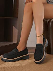 大码女式一脚蹬乐福鞋，休闲英伦风厚底厚底鞋，新款时尚低帮韩版 - 黑色 - 查看 5