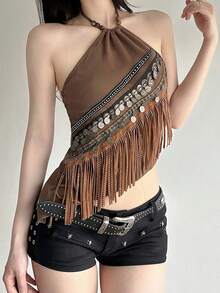Women's Retro Halter Neck Vest Sleeveless Open Back Irregular Hem Tassel Tank Tops