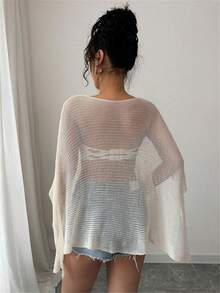 Women Sheer Mesh Poncho Top Crochet Knit Lightweight See Through Shawl Wrap Summer Oversized Loose Shrug Beachwear Swimsuit Bikini Cover Ups - 白色 - 查看 10