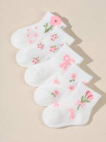 5 Pairs Baby Bow, Polka Dot, Lace Mid-Calf Elastic Socks, White, Autumn/Winter - White - View 2