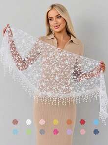 1 pieza/2 piezas Chal/Bufanda de mujer de unicolor/estampado de encaje con flecos, casual y versátil para primavera/verano - bufanda triangular - Ver 13