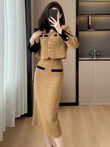 RUIWY 女士卡其色时尚翻领二合一服装厚保暖夹克和中长裙套装修身款春秋季 - 卡其色 - 查看 8