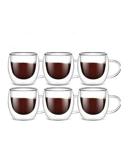 1-2-6 peças 80ml Caneca de café de vidro de camada dupla com alça, conjunto de canecas de café, conjunto de canecas de chá, isolamento térmico e anti-escaldadura. Adequado para expresso, saquinhos de chá.