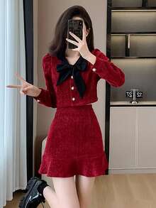 RUIWY 女士时尚淑女蝴蝶结领长袖夹克和迷你裙两件套服装，红色，节日派对 - 紅色 - 查看 5