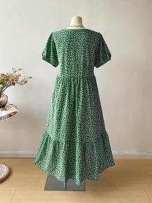 Rusttydustty Đầm ngắn tay bèo nhún màu xanh dương kiểu bohemian họa tiết hoa nhí dành cho nữ cỡ lớn, thích hợp cho kỳ nghỉ hè, thanh lịch. - màu xanh lá - Xem 2