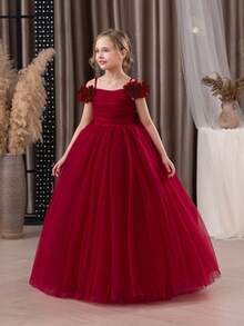 青少年女孩勃艮第 3D 花卉网眼覆盖派对礼服，优雅公主礼服适合女孩礼服、生日派对、舞会、婚礼、花童、伴娘、节日场合 - 酒紅色 - 查看 2