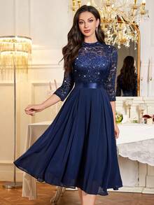 MIUSOL Abito a balze in chiffon con scollo a collo alto, maniche a 3/4, orlo con volant, decorato con paillettes e pizzo floreale, elegante abito da sera per signora, linea A, adatto per invitati a matrimoni, cerimonie di laurea, cene formali e altre occasioni, San Valentino - Blu Navy - Visualizzare 7