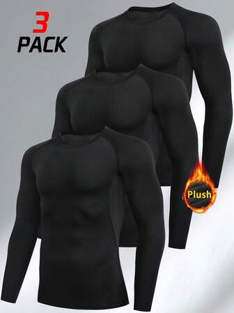 3pcs Men's Elastic Heat Compression T-Shirts, Moisture Wicking Base Layer Long Sleeve Athletic Shirts, Suitable For Autumn/Winter Warmth And Sports
