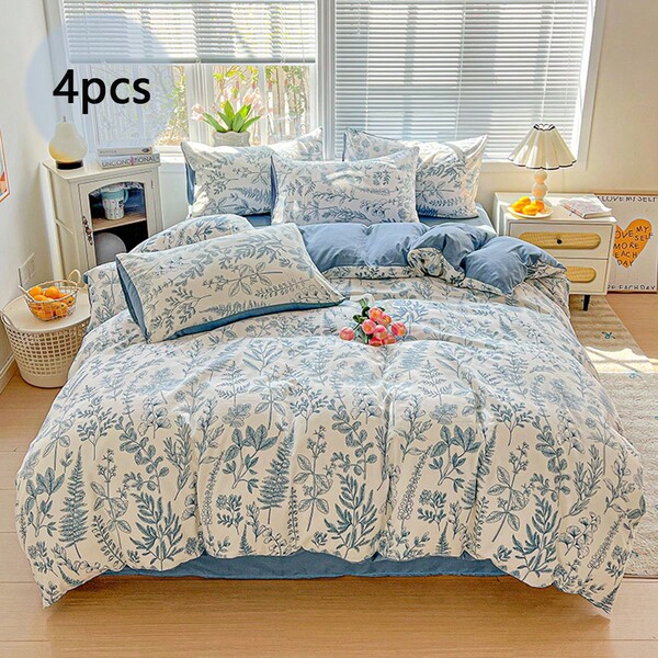 4pcs Bedding Set, Blue Tree Branch & Leaf, Monstera Leaf Print Duvet Cover, Blue Flat Sheet, Soft & Comfortable Bedding Set, Suitable For Dorm, Bedroom, Tropical Rainforest & Nordic Style, Super Soft Polyester Fiber Duvet Cover Set, Suitable For All Seasons (Includes 1 Duvet Cover, 1 Flat Sheet, 2 Pillow Shams, No Filler)