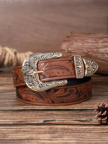 1pc Men's Retro Western Style Carved Metal Buckle Flower Embossed Pattern Belt, A Versatile Decorative Belt For Jeans - Gold Carved Bull Head Buckle - View 2