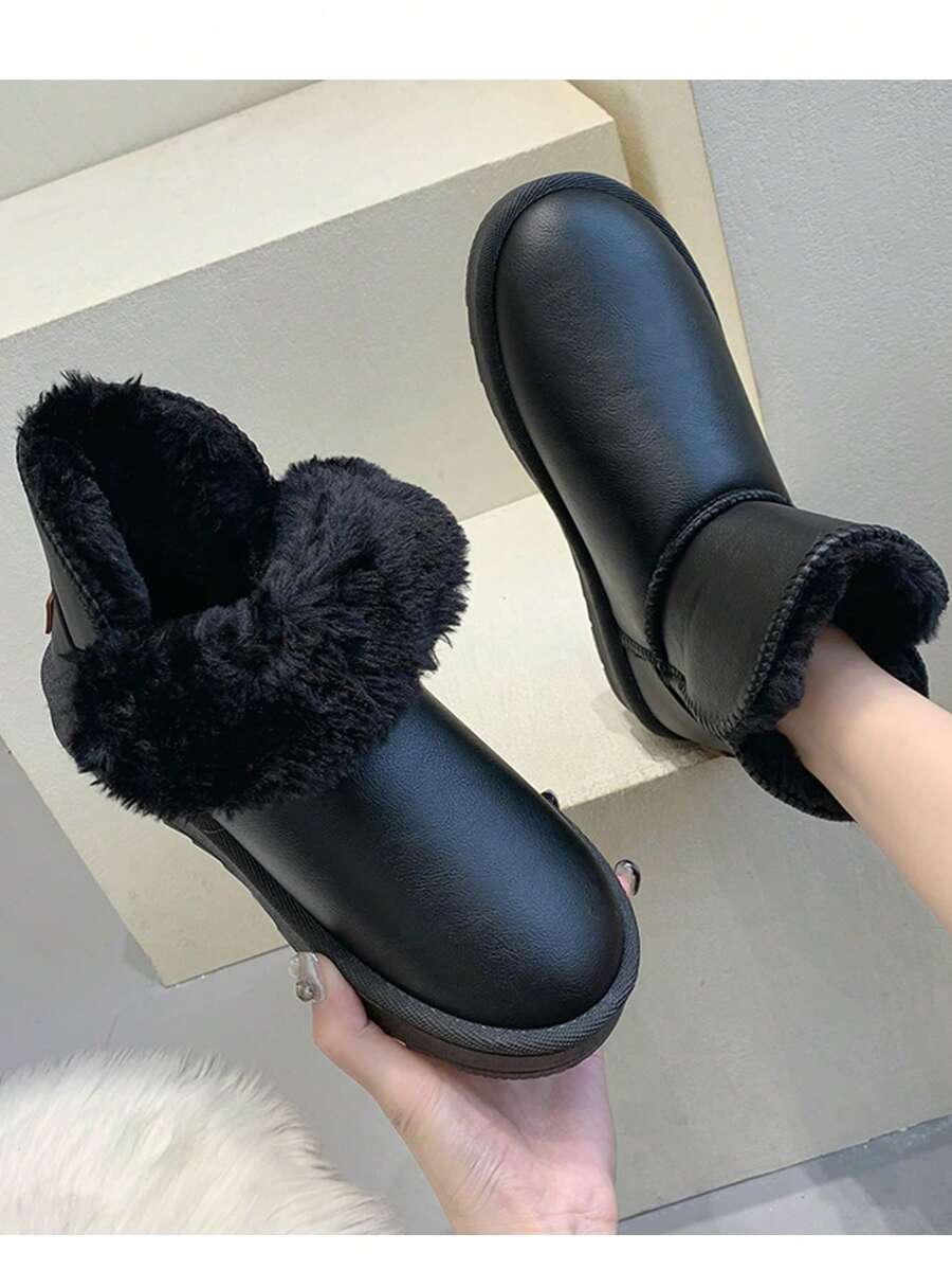 Damskie czarne, wodoodporne, skórzane, zimowe buty śnieżne z termiczną podszewką, miękką podeszwą, modne krótkie buty, antypoślizgowe i wygodne, futrzane buty