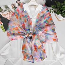 100% Mulberry Silk Scarf For Women Lightweight Long Scarves Beach Wraps Cover Up -Travel Photography Scarfhalloween - 藍色粉紅色蝴蝶 - 查看 9