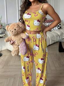 2 件套 Hello Kitty 印花女式吊带短款上衣 + 松紧腰直筒裤可爱睡衣套装 - 黃色 - 查看 6