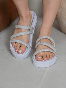 Women's Flat Sandal  Rhinestone Straps Shiny Two In One Comfortable Adjuster - Bright White - View 3
