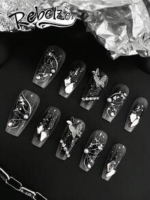 10片装手工按压式美甲贴片，长棺材形，手工3D立体浮雕及手绘工艺，饰有3D蝴蝶、水钻、珍珠、银箔装饰，黑色渐变及银色闪粉底色，四季皆宜，适合甜美酷女孩、哥特风爱好者、派对、约会及日常佩戴，是甜美酷女孩、蝴蝶爱好者、哥特风爱好者及优雅哥特风粉丝的理想之选。套装包含一瓶果冻胶和一把指甲锉。 - 彩色 - 查看 1