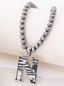 1pc Western Country Style Vintage Textured CCB Multicolor Leopard Print Black & White Plaid 26 Letter Minimalist Pendant Necklace, Sweater Chain