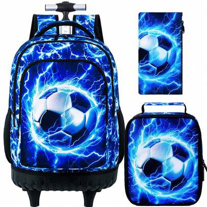 1pc Unisex Kids/Adult Rolling Backpack, Laptop Travel Trolley Suitcase, Suitable For Teens, College Students And Adults, Blue 01, Large Size, Daily Backpack - Football