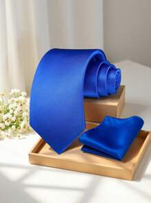 1pc Men's 8cm Royal Blue Threaded Tie Square Scarf Set Wedding Party Groom Tie Set - Royal Blue - View 2