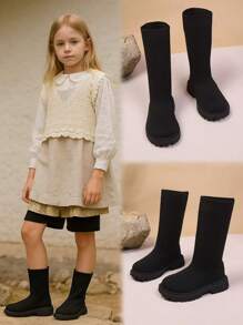 1 Pair Black Elastic Knit Toddler/Kids Leg Warmers, Round Toe Thick Sole Slip-On Design, Breathable Mid-Calf Boots, Suitable For 3-12 Years Old Boys/Girls, Casual Indoor/Outdoor Wear, Autumn/Winter