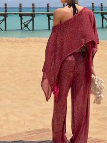 Women Sequin Shiny Glitter Knit Poncho Off Shoulder See-Through Crochet Cape Sheer Shrug Lightweight  Summer Holiday Beachwear Sheer Mesh Swimsuit Bikini Cover Ups Poncho Top Shawl - Đỏ - Xem 5