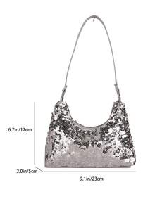 1pc Fashionable Sequin Silver Tote Bag, Casual Women's Shoulder Bag, Versatile White Backpack - Silver - View 3